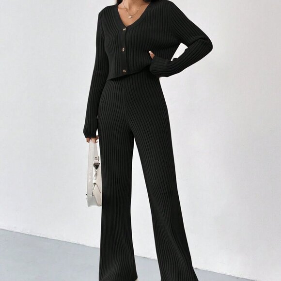 Black Casual Women's Summer Ribbed Knit Cardigan & Flare Leg Knit Pants set - Picture 1 of 6